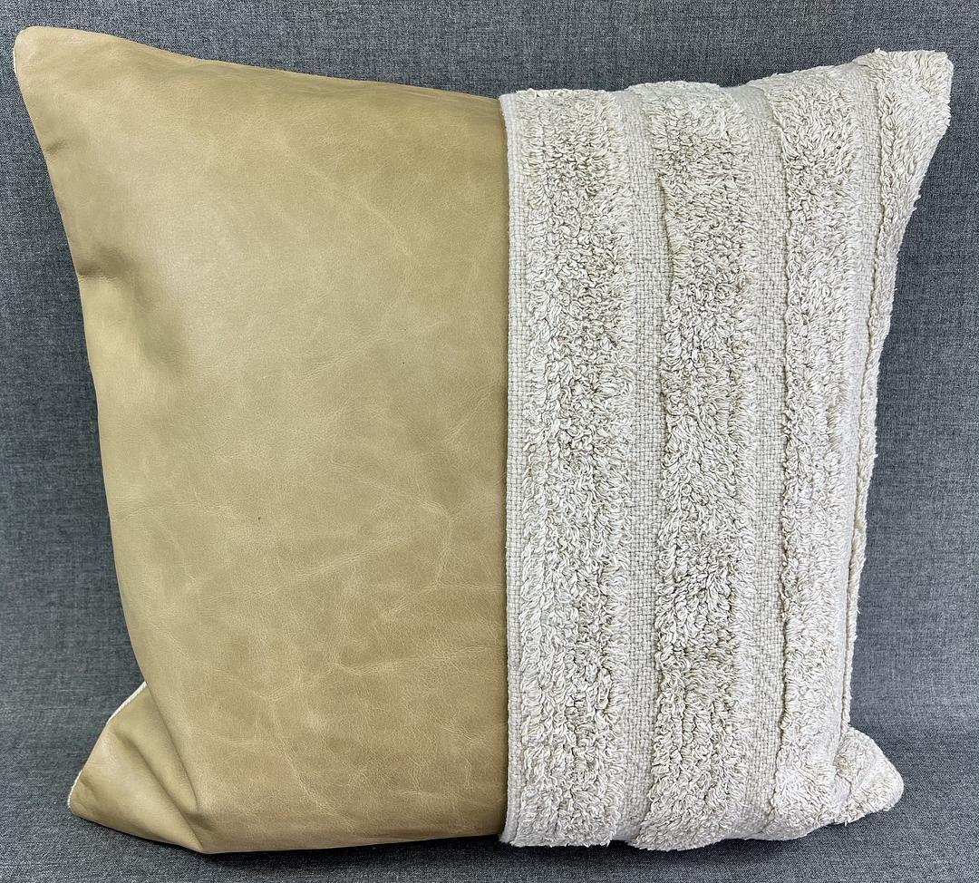 Luxury Pillow -  24" x 24" -  Legend- Latte. Real Leather and plush cotton on the front with a leather and linen back