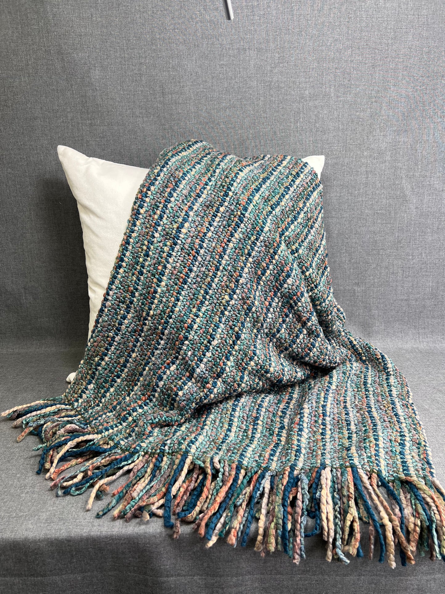 Luxury Knit Throw - 40" x 70" - Stria Teal; Bulky knit throw in a lovely blue, teal, rust, multi color tone with a fringe