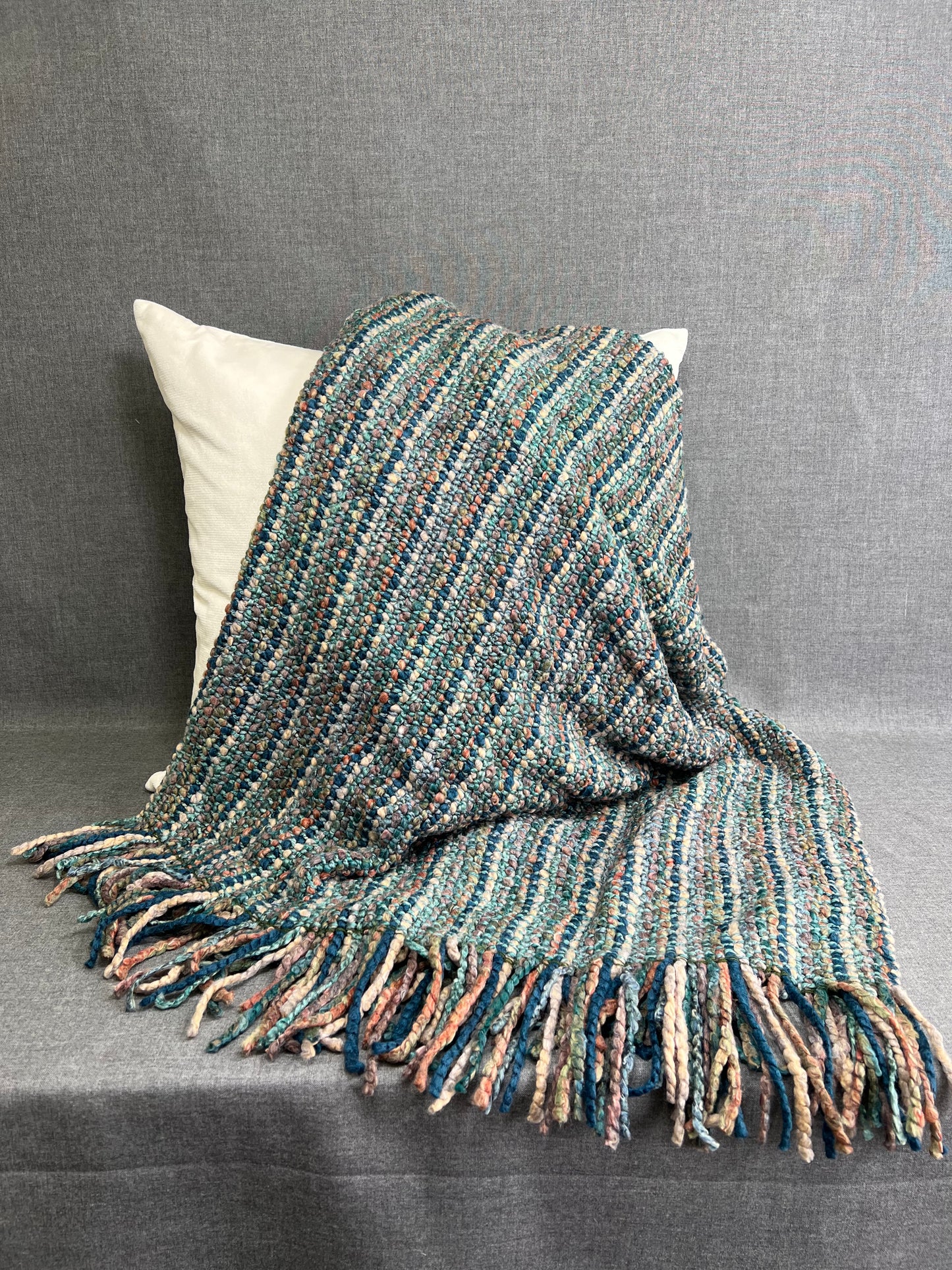 Luxury Knit Throw - 40" x 70" - Stria Teal; Bulky knit throw in a lovely blue, teal, rust, multi color tone with a fringe