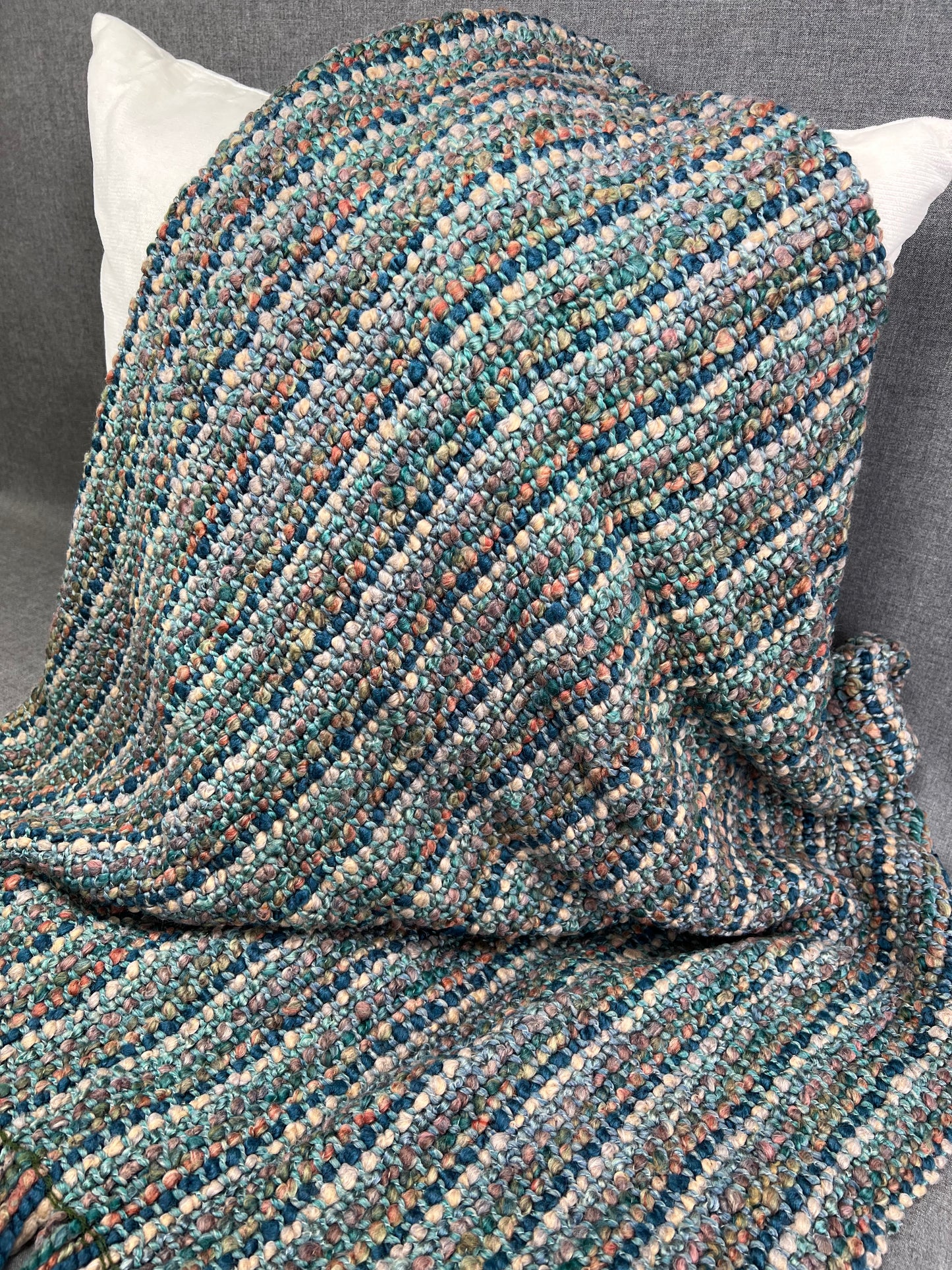 Luxury Knit Throw - 40" x 70" - Stria Teal; Bulky knit throw in a lovely blue, teal, rust, multi color tone with a fringe