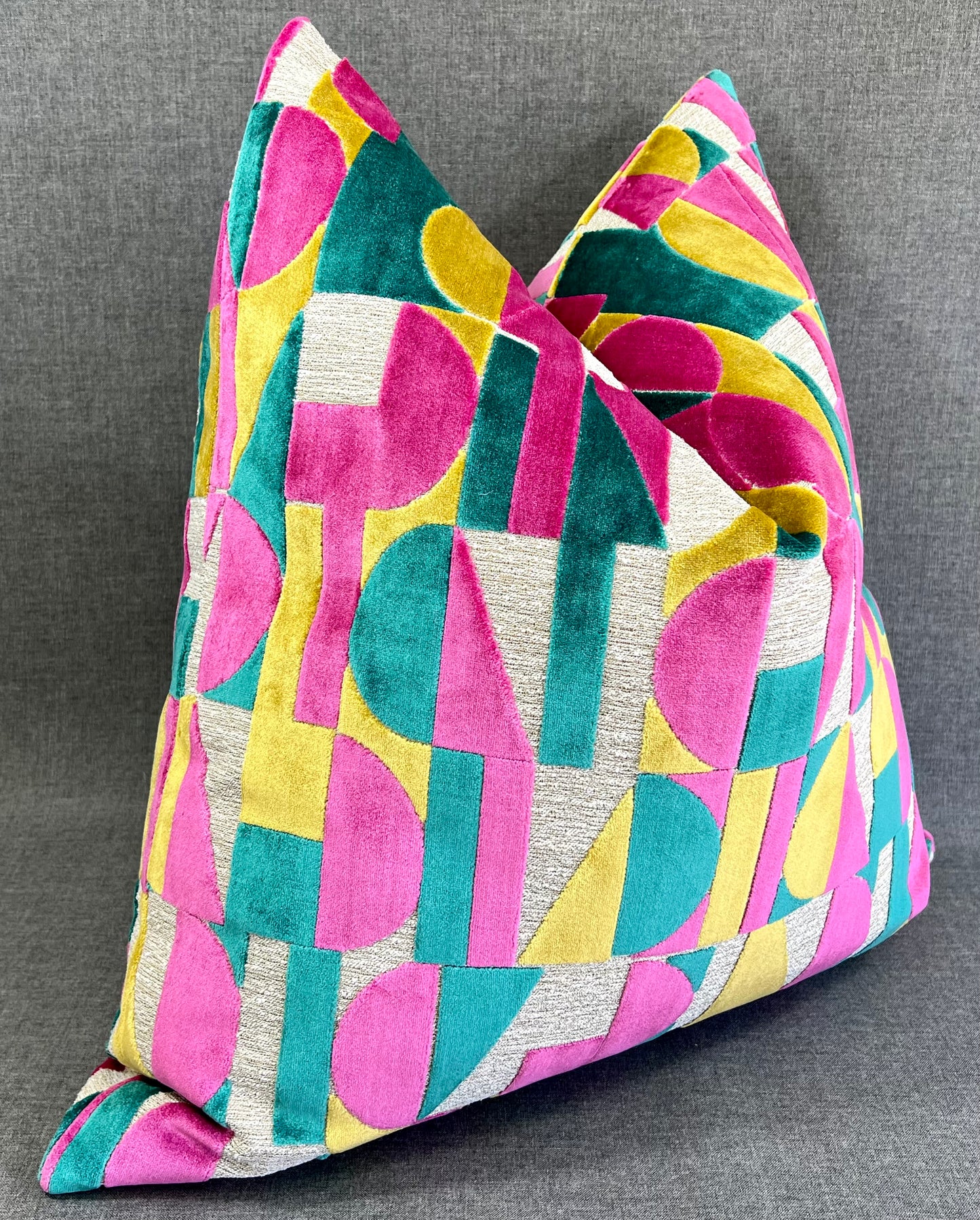Luxury Pillow - 24" x 24" - Moonstruck-Confetti; Bright Turquoise, Fuchsia, Yellow and Cream in a geometric cut velvet pattern