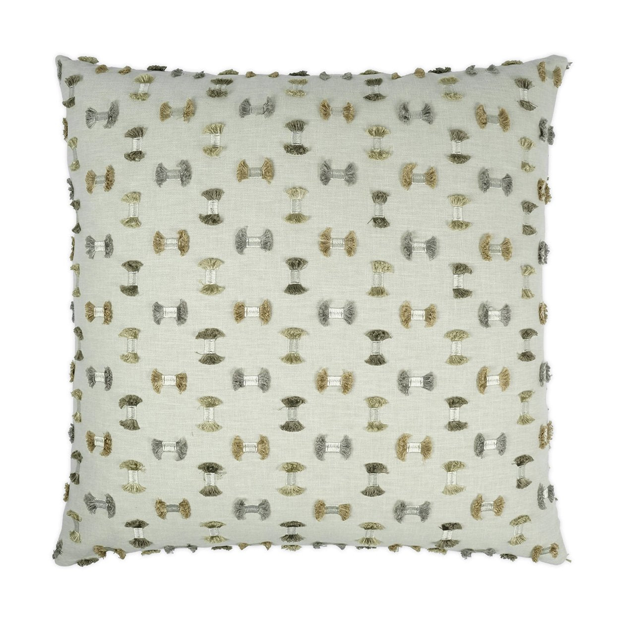 Luxury Lumbar Pillow - 24" x 14" - Frayed Travertine; Fringed bows of taupe, grays, silver & white on a cream linen background