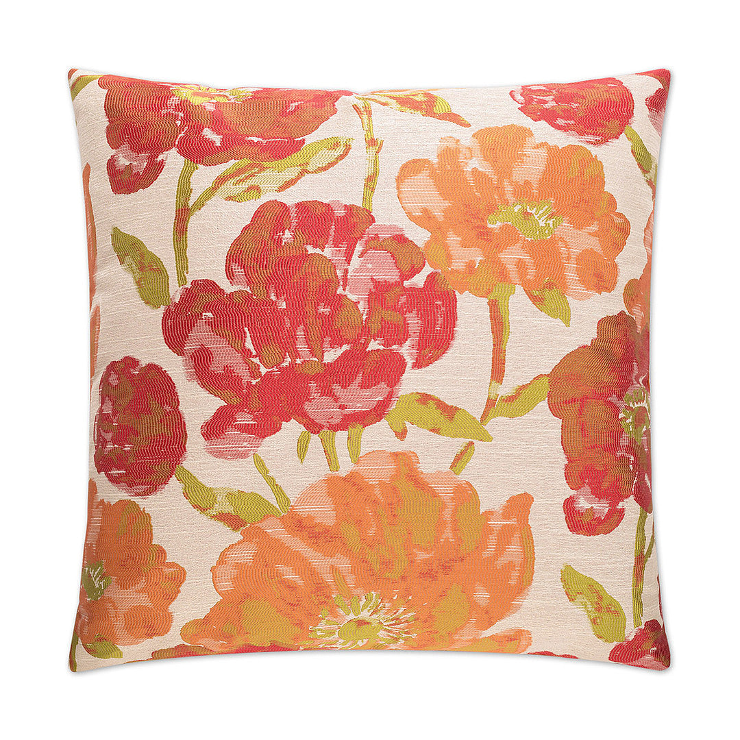Luxury Pillow - 24" x 24" - Lauren-Poppy; Bright floral woven pattern of oranges, greens and fuchsia over a cream background