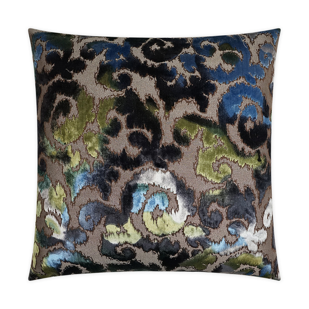Luxury Pillow - 24" x 24" - Vicenza; A damask style velvet showing blue, green and silver on taupe ground.