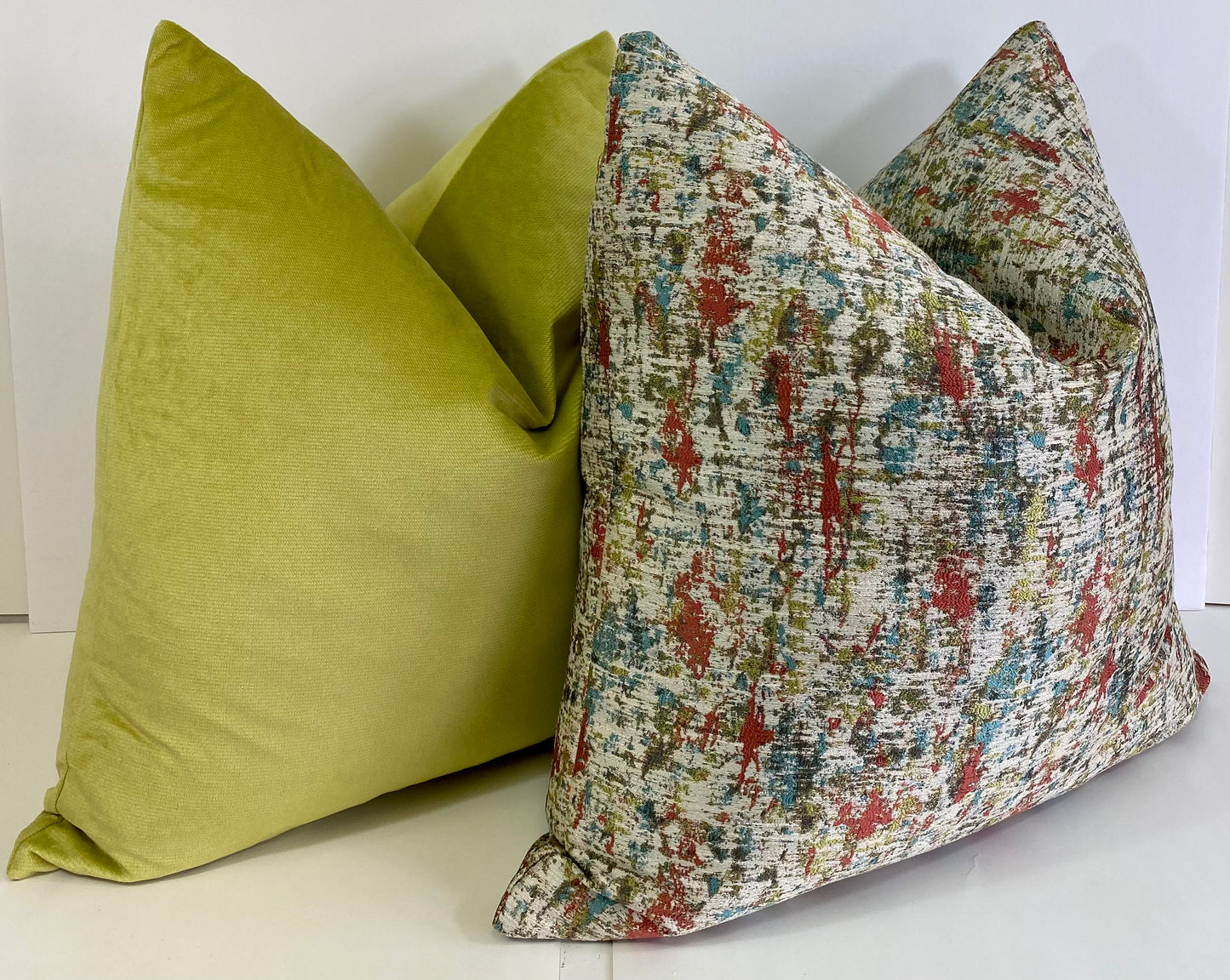 Luxury Pillow - 24" x 24" - Pollock Dream; A beautiful splattered paint style with reds, blue, and green with a cream background