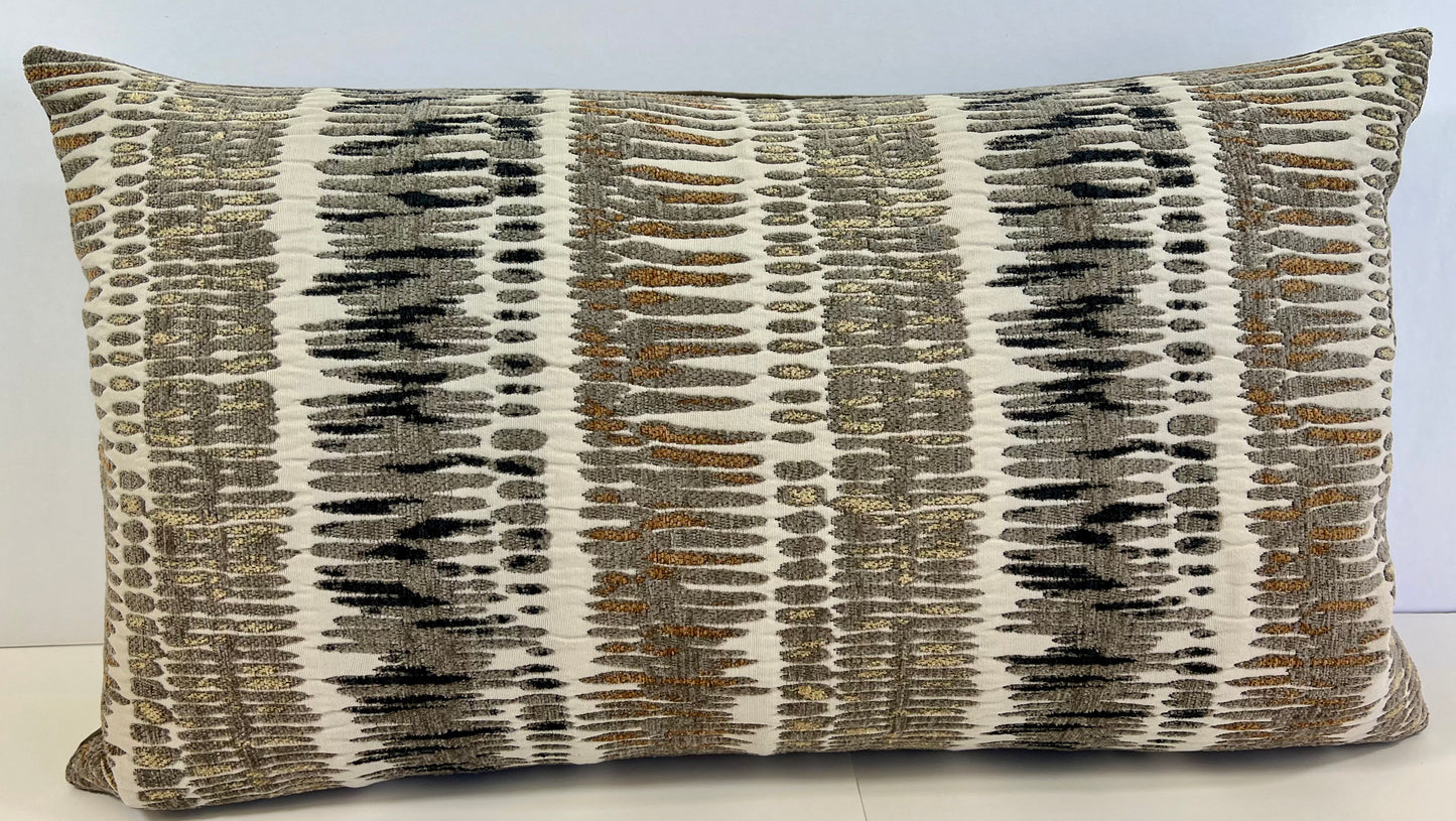 Luxury Lumbar Pillow - 24" x 14" - Zorro-Mushroom; Chenille stripes of taupe, brown, black & gold on a cream background