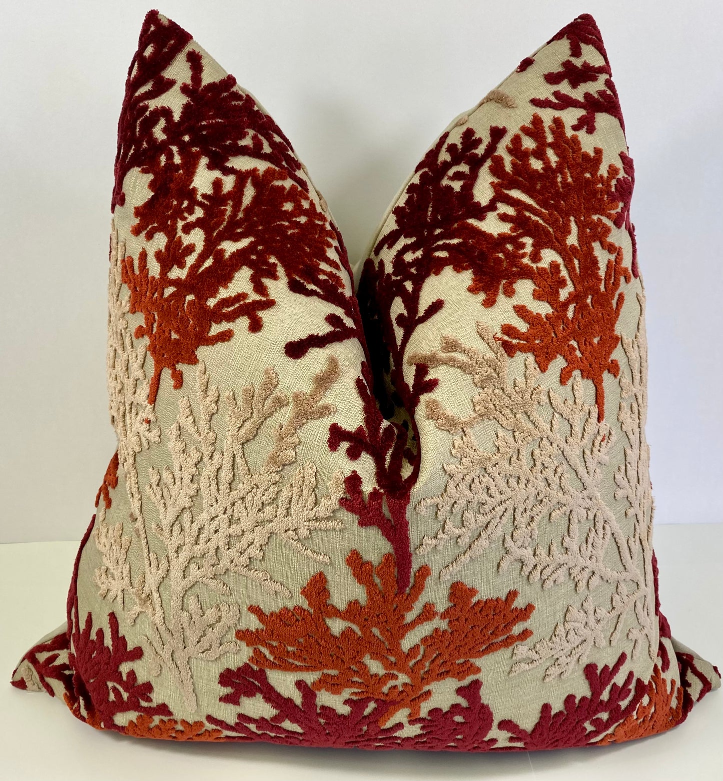Luxury Pillow - 24" x 24" - Barbados - Sunset; Embroidered coral fans on a sandy colored base