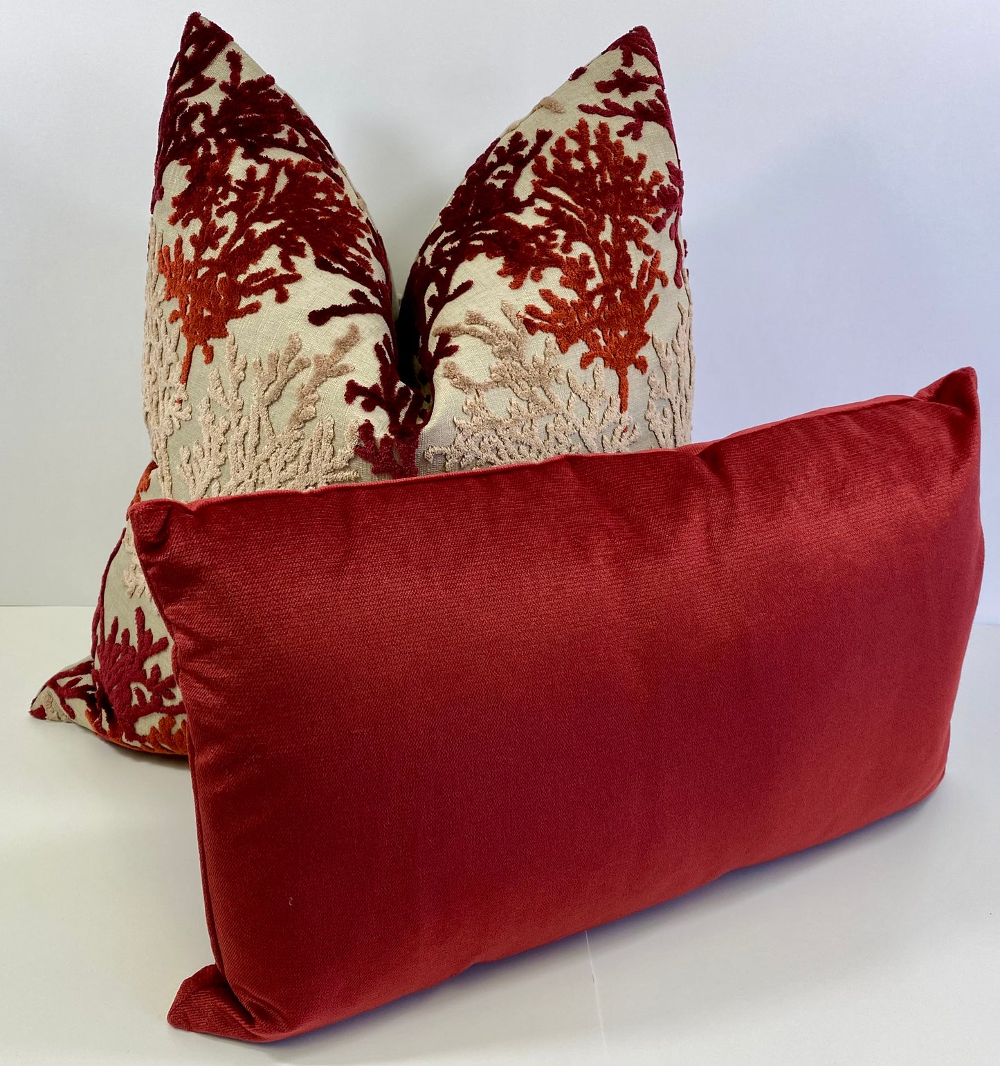 Luxury Pillow - 24" x 24" - Barbados - Sunset; Embroidered coral fans on a sandy colored base