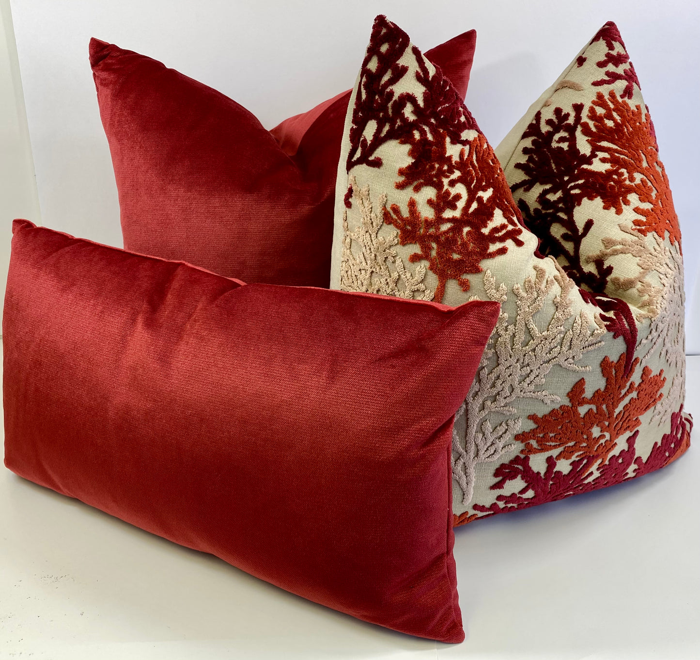 Luxury Pillow - 24" x 24" - Barbados - Sunset; Embroidered coral fans on a sandy colored base