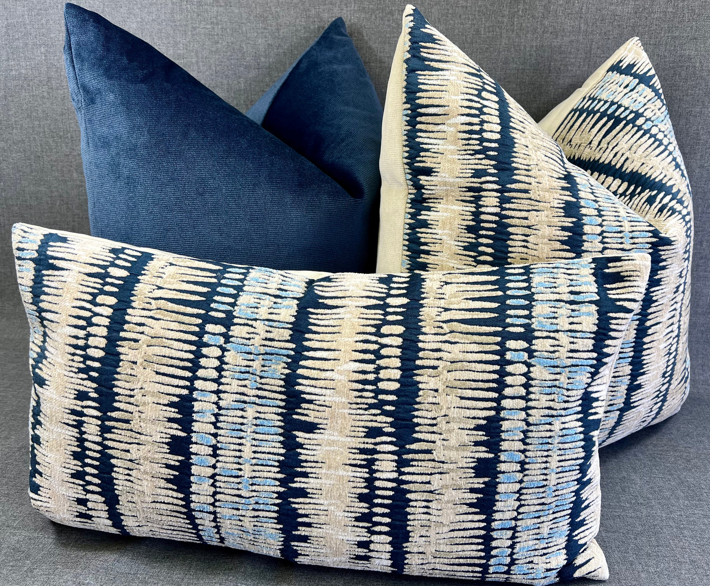 Luxury Lumbar Pillow - 24" x 14" - Zorro-Indigo; Chenille stripes of Navy, Pale Blue, Cream & white on a tan background