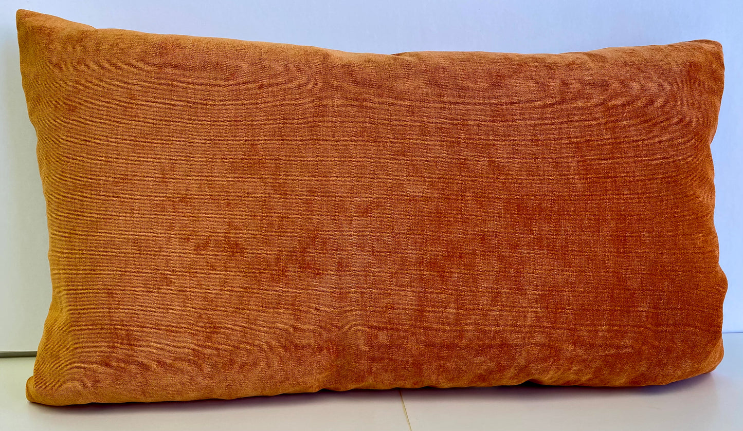 Luxury Lumbar Pillow - 24" x 14" - Contraption; Orange, Coral, Green and Brown in Abstract Pattern