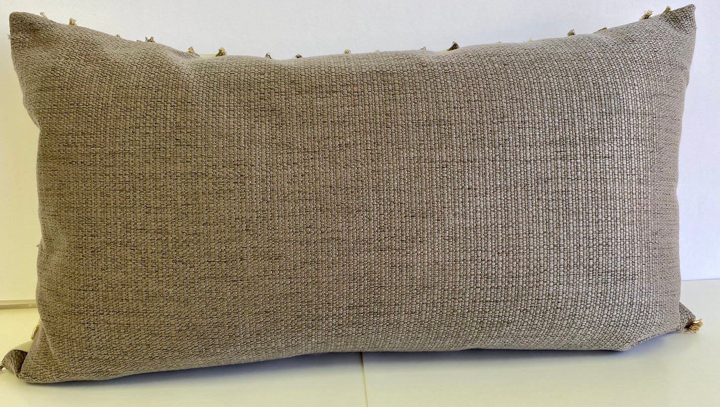 Luxury Lumbar Pillow - 24" x 14" - Frayed Travertine; Fringed bows of taupe, grays, silver & white on a cream linen background