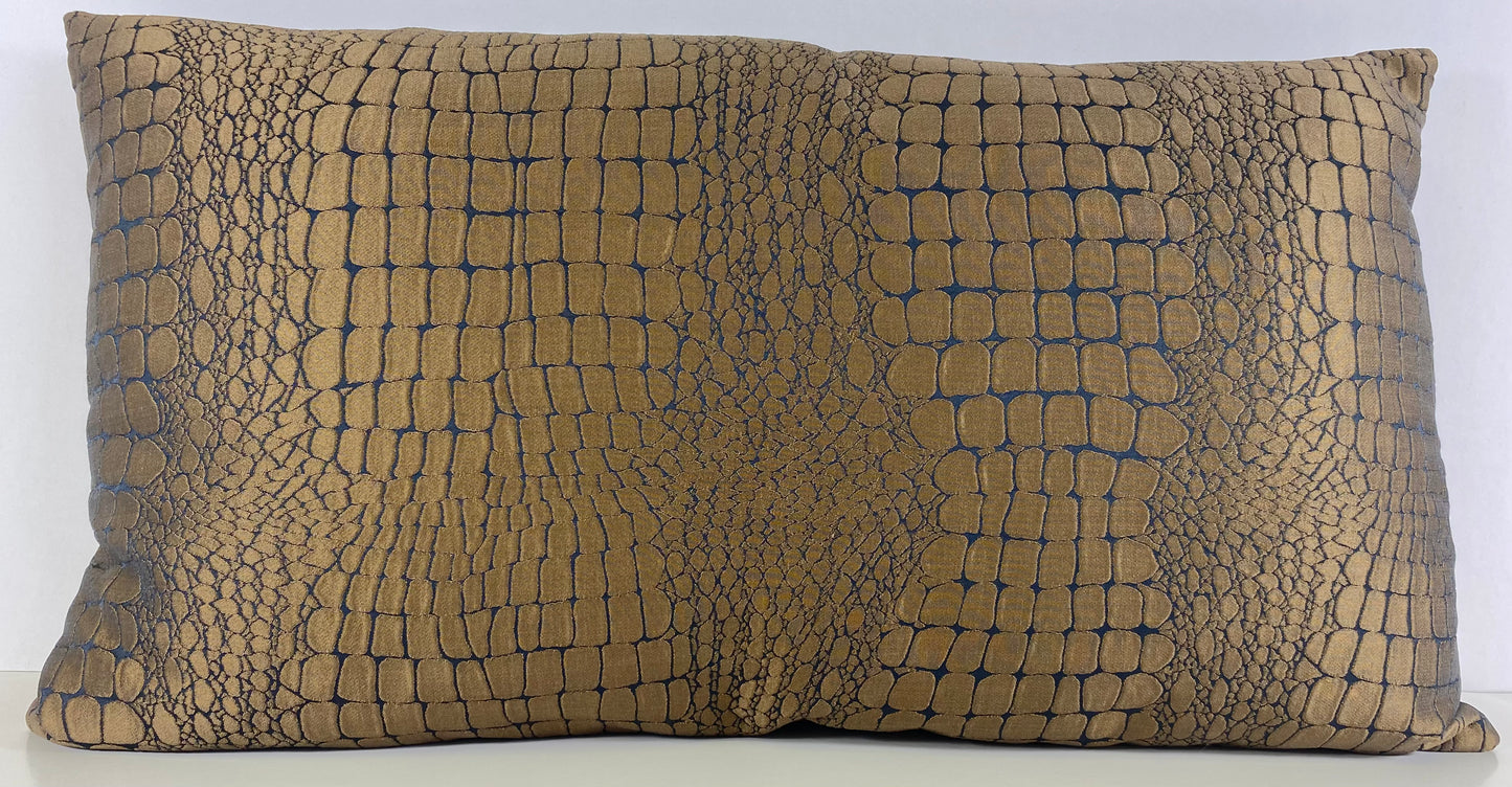 Luxury Lumbar Pillow - 24” x 14” - Tillie Bronze; Moss brown/bronze satin fabric with a alligator skin texture pattern