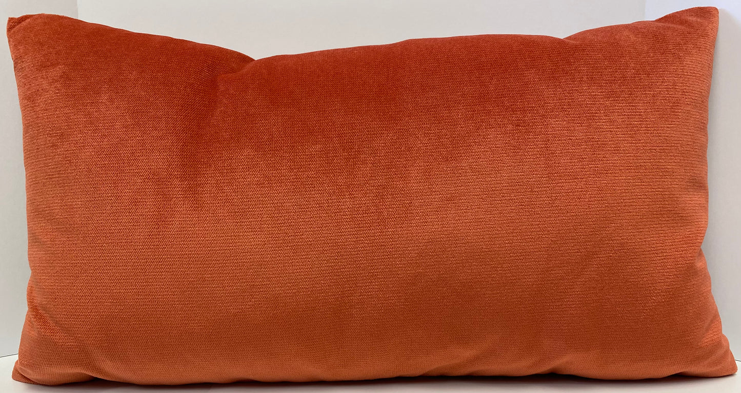 Luxury Lumbar Pillow; 24" x 14" - Swell, bright orange wavey stripes over a pearlized green background all in a glamorous shiny fabric