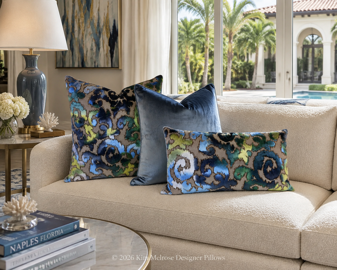 Interior designer selecting ready-to-ship luxury designer pillows for a residential project