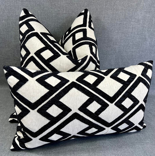 Luxury Lumbar Pillow - 24" x 14" -Accolade-Onyx; A raised woven geometric design in black on neutral background