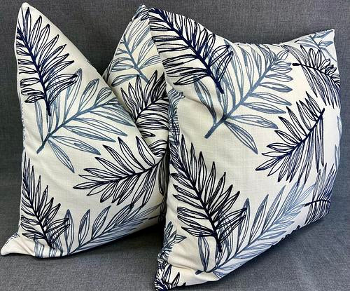 Luxury Pillow - 24" x 24" - Blue Leaves; Gorgeous crisp white linen embroidered with leaves in several shades of blue on both sides