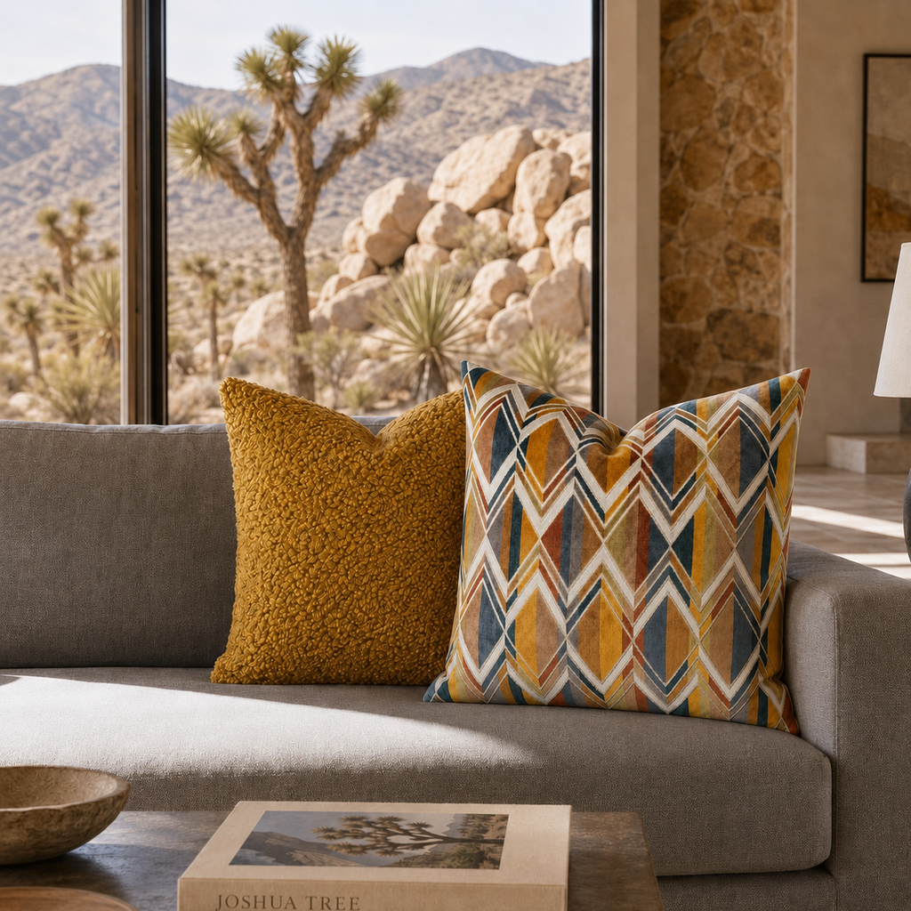 Two decorative throw pillows on a gray sofa in a desert-style living room. One pillow is solid mustard yellow with a textured surface, and the other features a geometric diamond pattern in mustard yellow, blue, white, and brown.