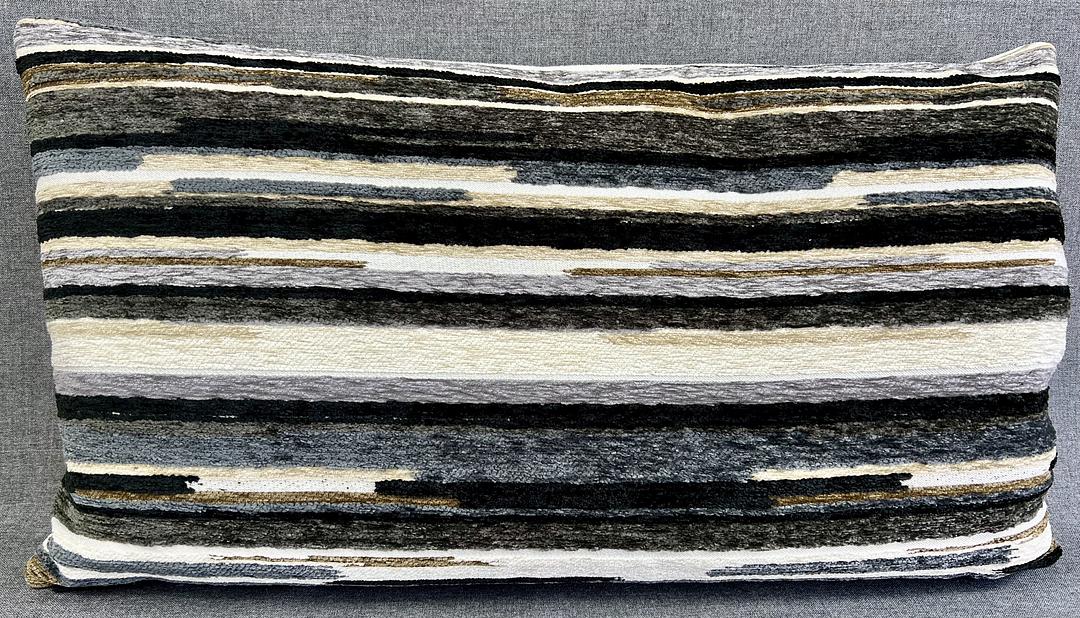 Lumbar Pillow - 24" x 14" - Vivid-Greystone; Lush textured neutral stripes of brown, white, gray, black, ivory and cream. back is a solid plush ivory fabric