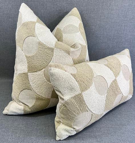 Luxury Pillow -  24" x 24" -  Montecito Moons; - Ivory and tan embroidered circles on a light taupe background same on both sides