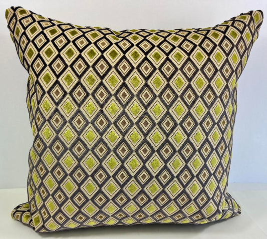 Luxury Pillow -  24" x 24" -  Lime Diamond. Bold and Fun diamond pattern of Green, grey and Brown on a textured fabric