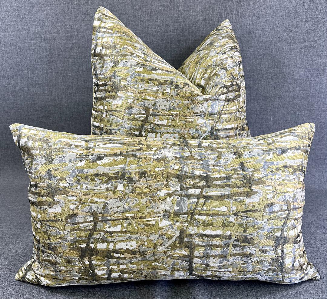 Luxury Pillow -  24" x 24" -  Suzie's Abstract. Drips of greens, gold, silver and taupe