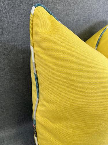 Luxury Outdoor Pillow - 22" x 22" - Saint Barts- Yellow with multi colored piping; Sunbrella, or equivalent, fabric with fiber fill