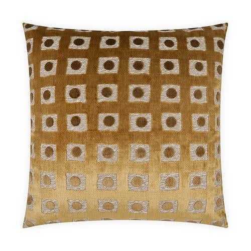 Luxury Pillow -  24" x 24" - Domino-Topaz ; Gold plush raised fabric in circular and square shapes on an oatmeal  background