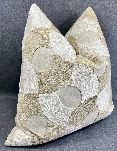 Luxury Pillow -  24" x 24" -  Montecito Moons; - Ivory and tan embroidered circles on a light taupe background same on both sides