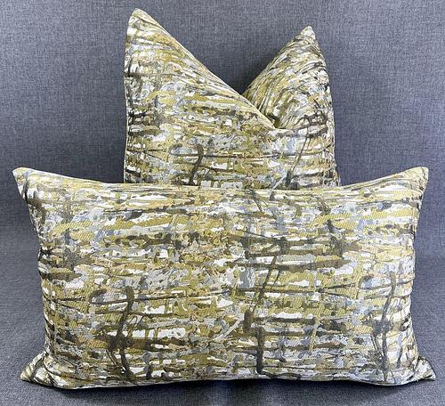 Luxury Lumbar Pillow - 24" x 14" -  Suzie's Abstract; Drips of greens, gold, silver and taupe. same fabric on both sides