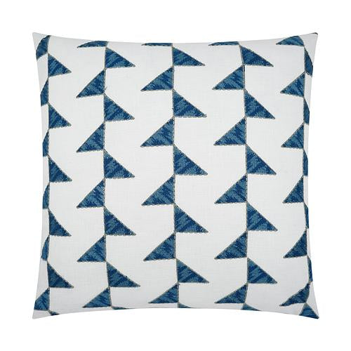 Luxury Pillow - 24" x 24" -  Alignment Lapis; Embroidered shades of blue in the shape of sails outlined in grey stitching on a crisp white background. Sold grey fabric on the back