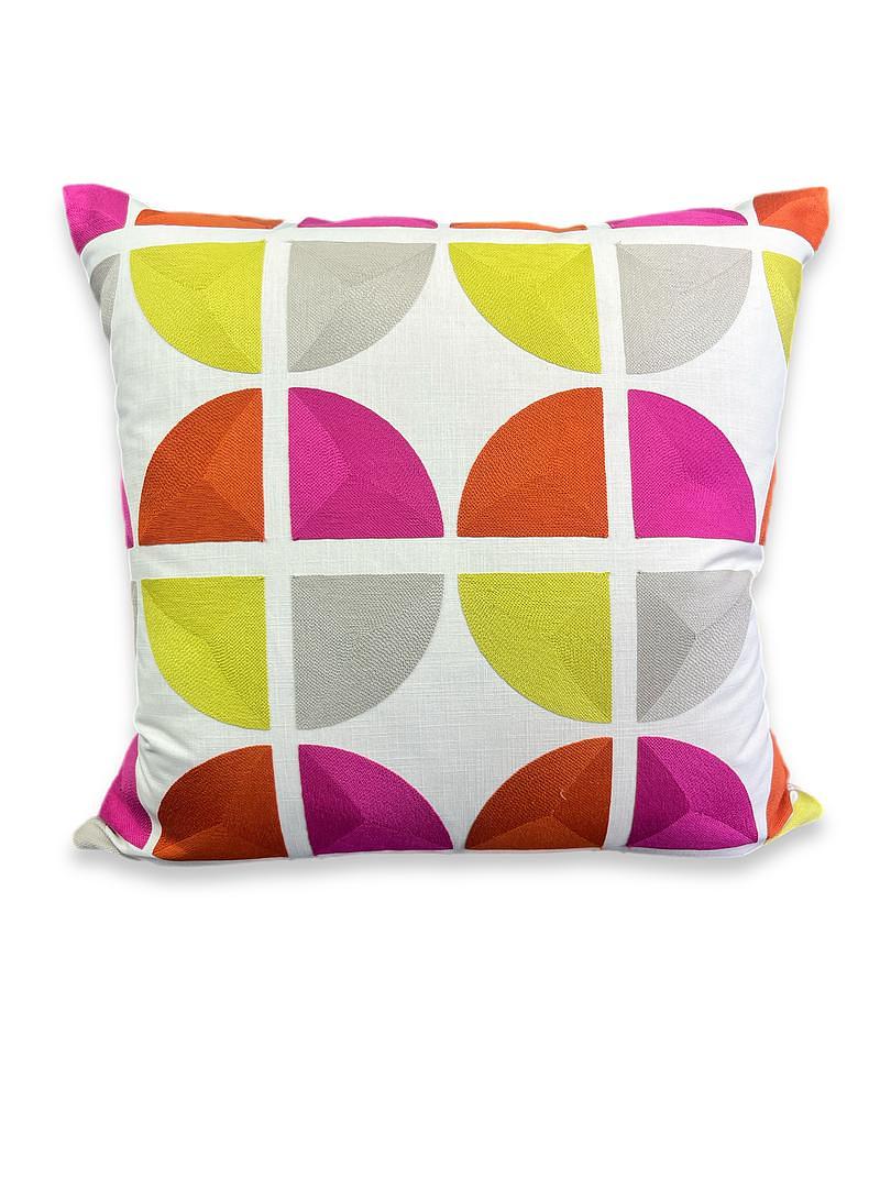 Luxury Pillow - 24” x 24” - Color Splash; Embroidered Fuchsia, orange,chartreuse,and grey in a geometric pattern with a white background