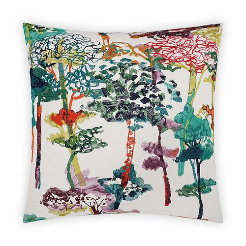 Luxury Pillow -  24" x 24" -Prato; Heavily embroidered tree motifs in a range of colors on a white base cloth. blue textured fabric on the back