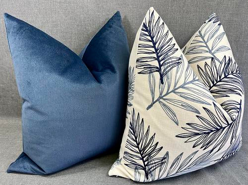 Luxury Pillow - 24" x 24" - Blue Leaves; Gorgeous crisp white linen embroidered with leaves in several shades of blue on both sides