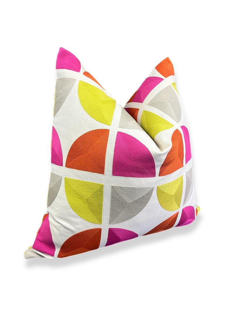 Luxury Pillow - 24” x 24” - Color Splash; Embroidered Fuchsia, orange,chartreuse,and grey in a geometric pattern with a white background