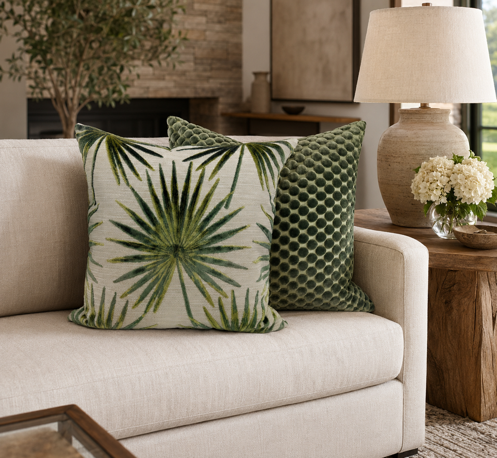 Two decorative throw pillows on a light beige sofa in a styled living room. The front pillow has a green palm leaf pattern on an off-white background, and the rear pillow has a green and white scalloped geometric pattern.