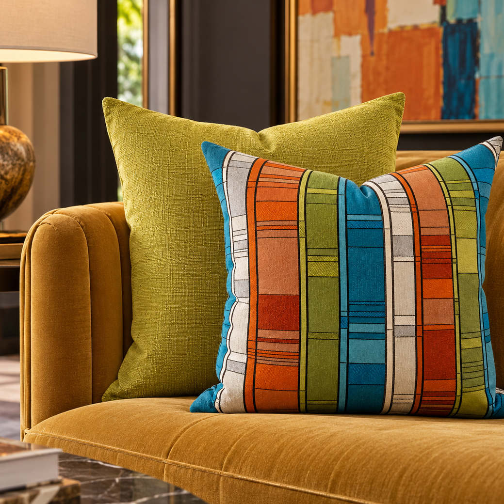 A styled living room scene featuring two decorative throw pillows on a mustard yellow velvet sofa. The front pillow has a colorful vertical striped pattern in blue, orange, green, white, and red, while the back pillow is a solid olive green.