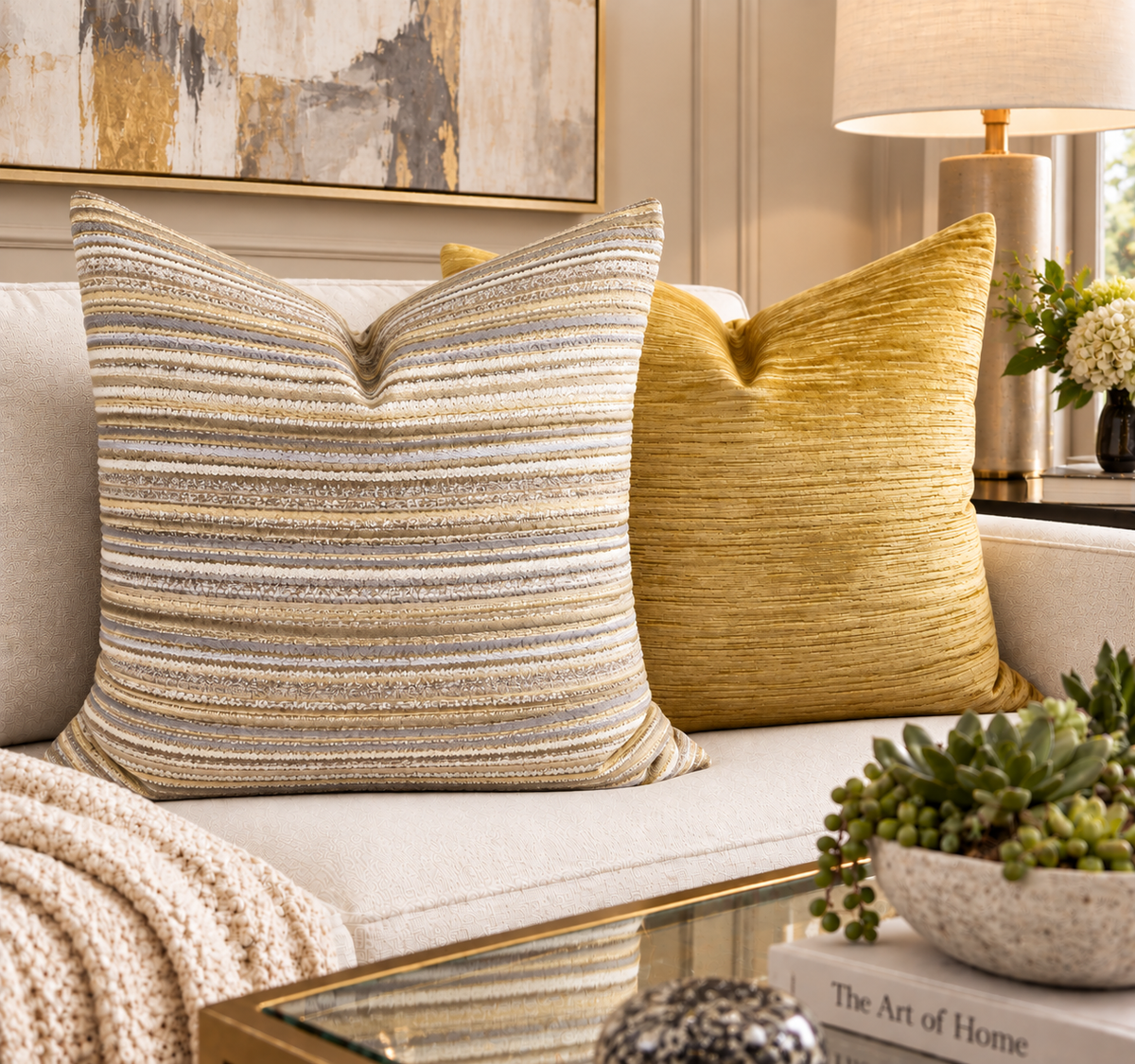 Two decorative throw pillows on a light beige sofa in a styled living room. The front pillow has horizontal textured stripes in beige, cream, and taupe, while the rear pillow is a solid mustard yellow.