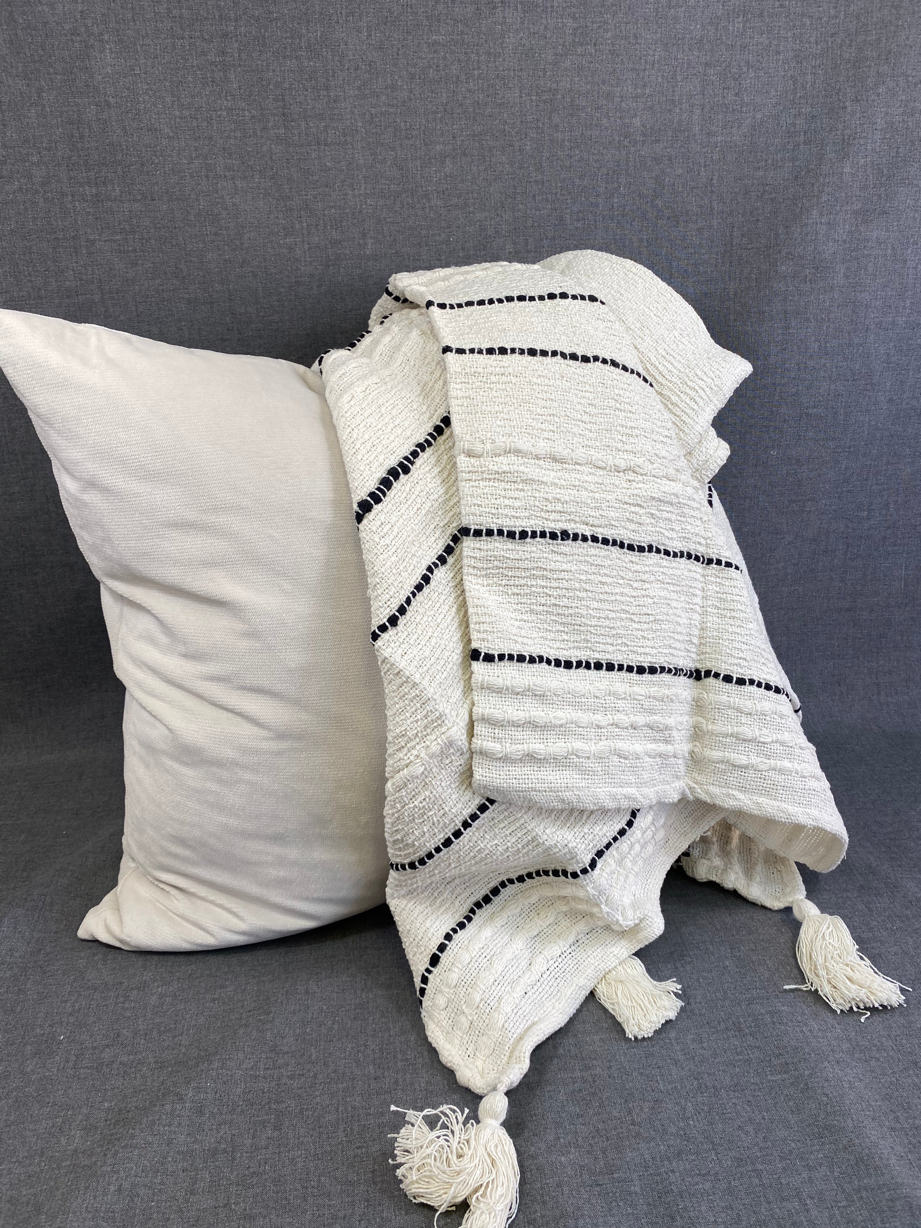 Striped Chunky Tassel Throw-Ivory- 50"X60"