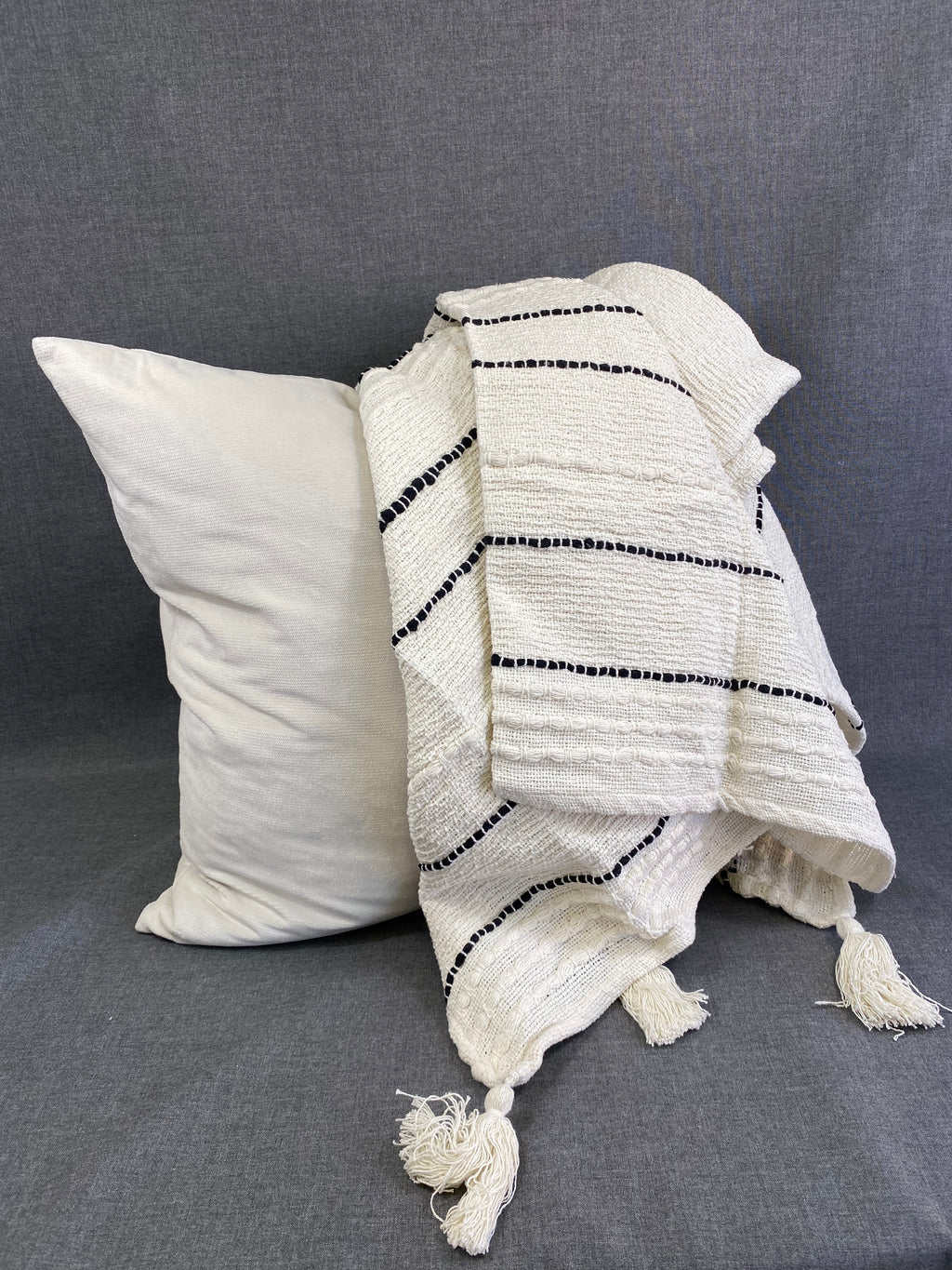 Striped Chunky Tassel Throw-Ivory- 50"X60"