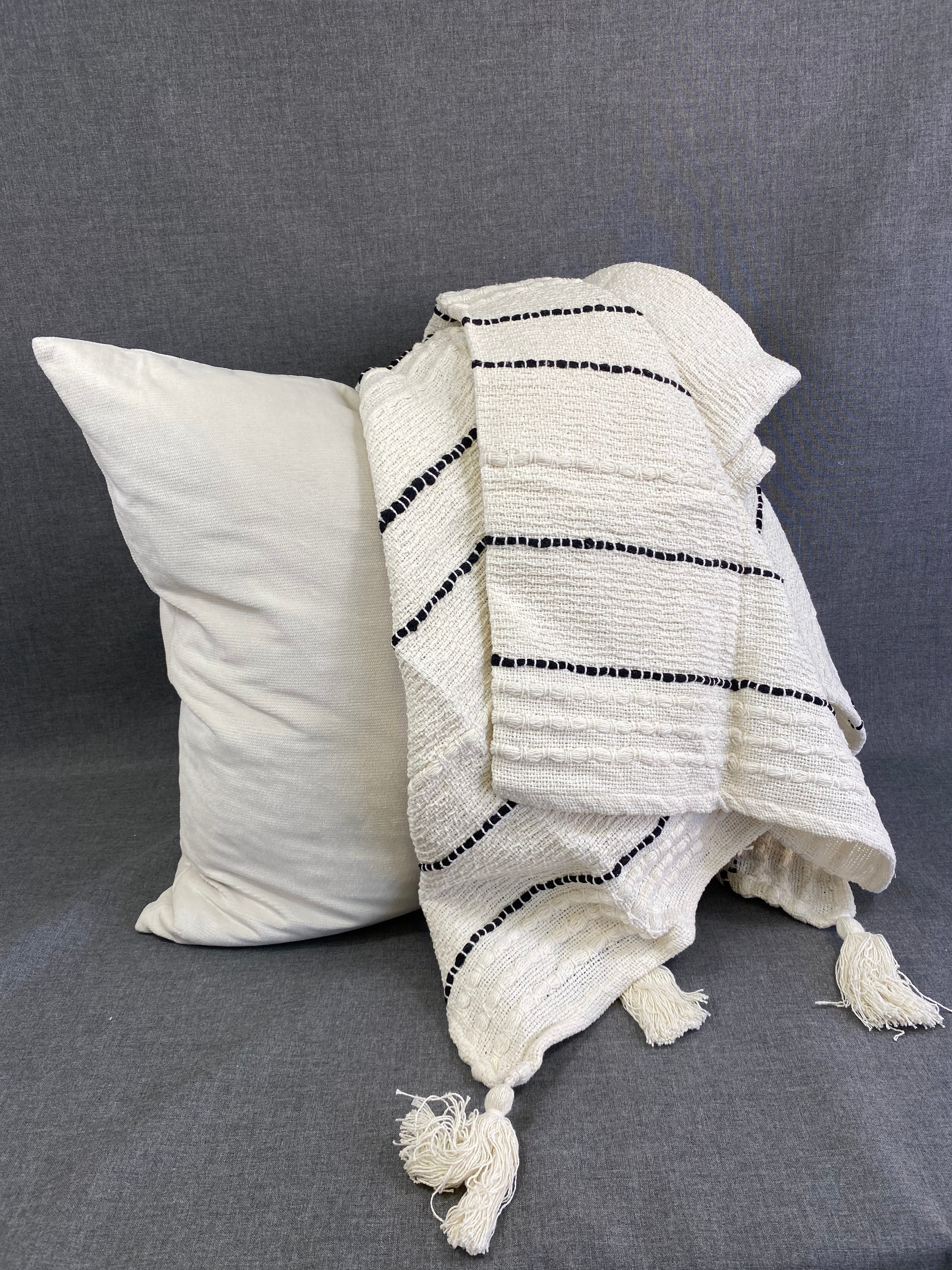 Striped Chunky Tassel Throw-Ivory- 50"X60"