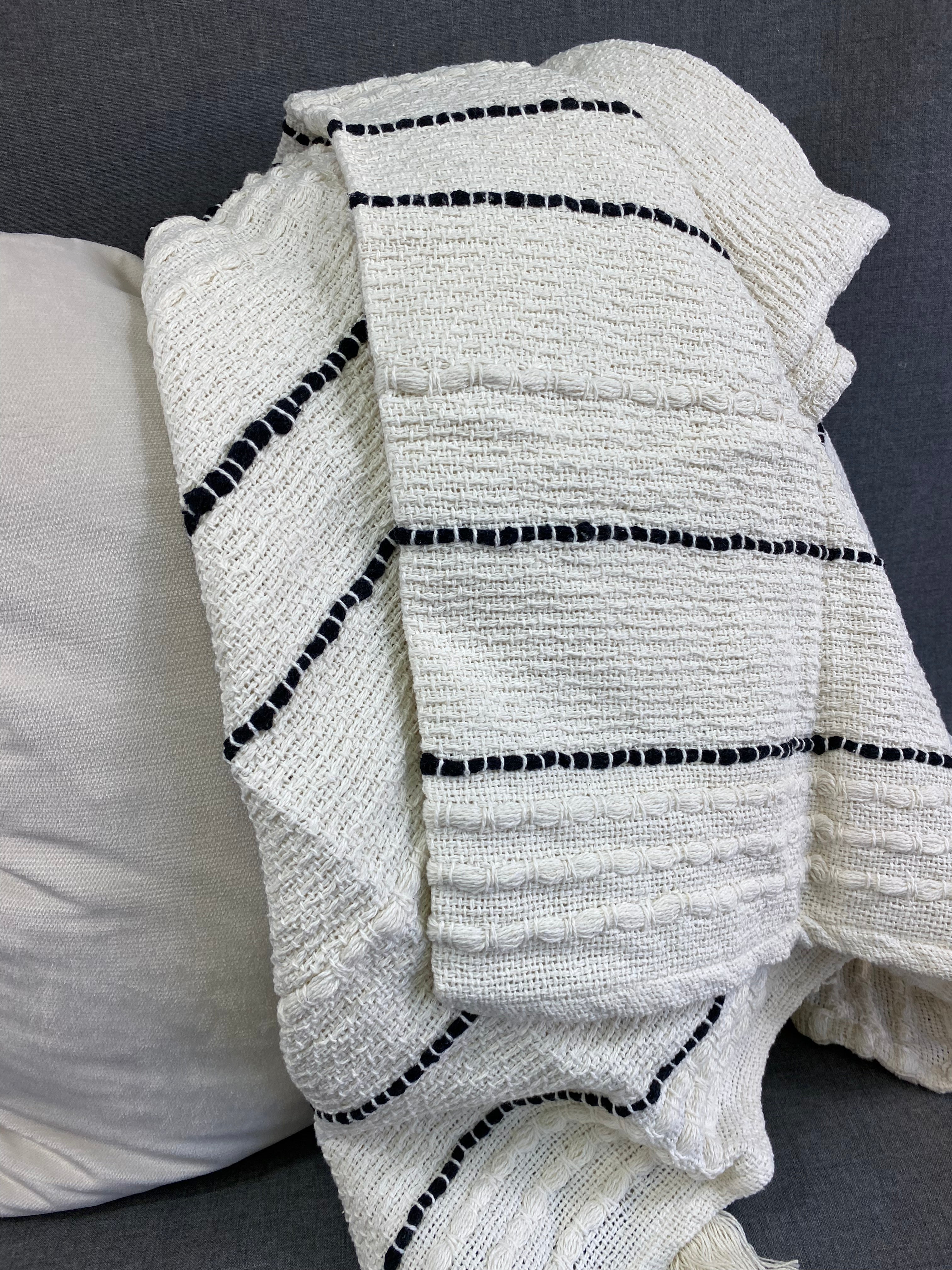 Striped Chunky Tassel Throw-Ivory- 50"X60"
