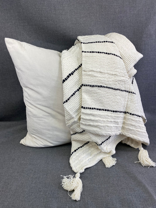 Striped Chunky Tassel Throw-Ivory- 50"X60"