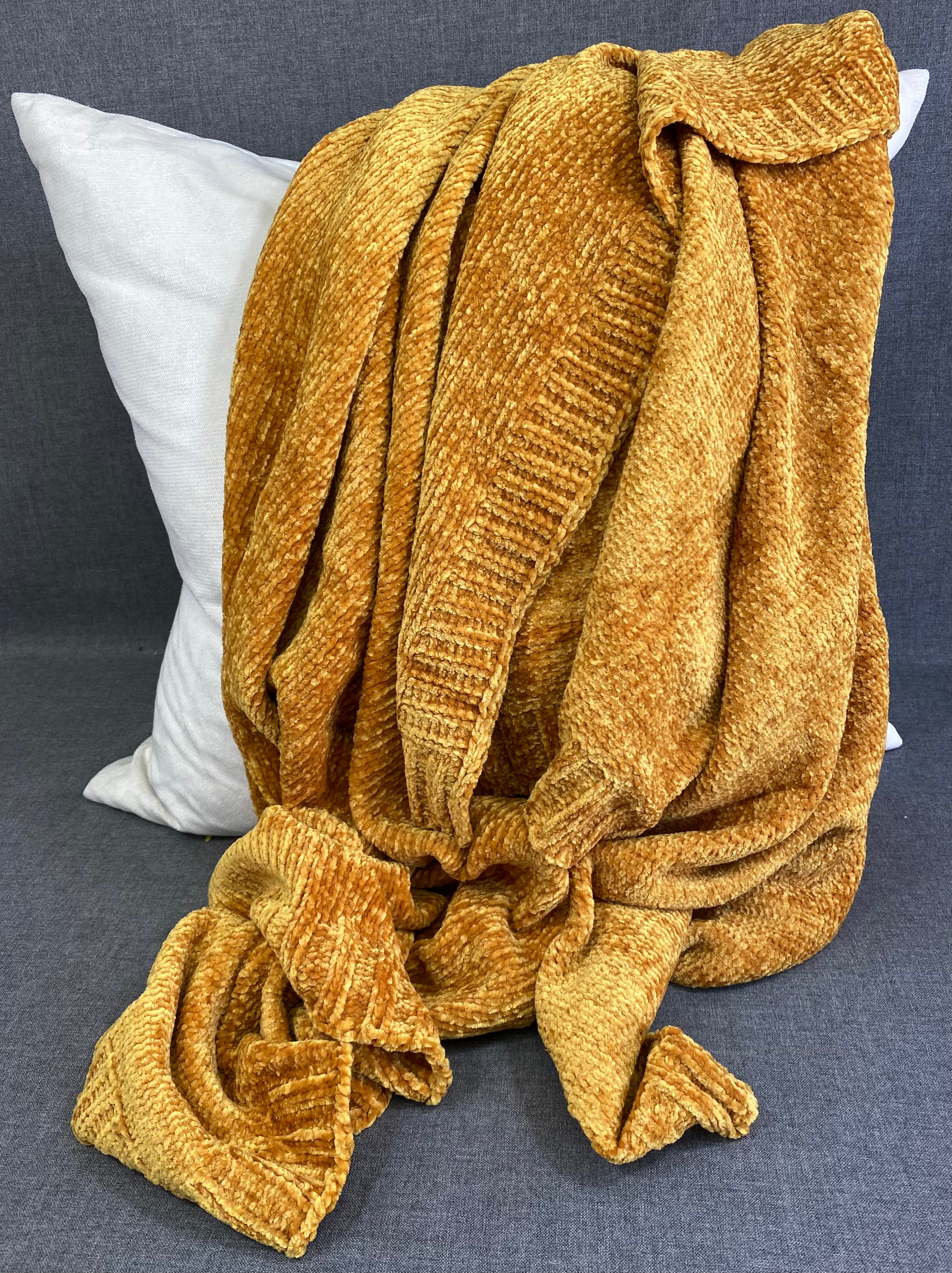 Knitted Chenille Throw - Mustard - Oblong 50"x 60"