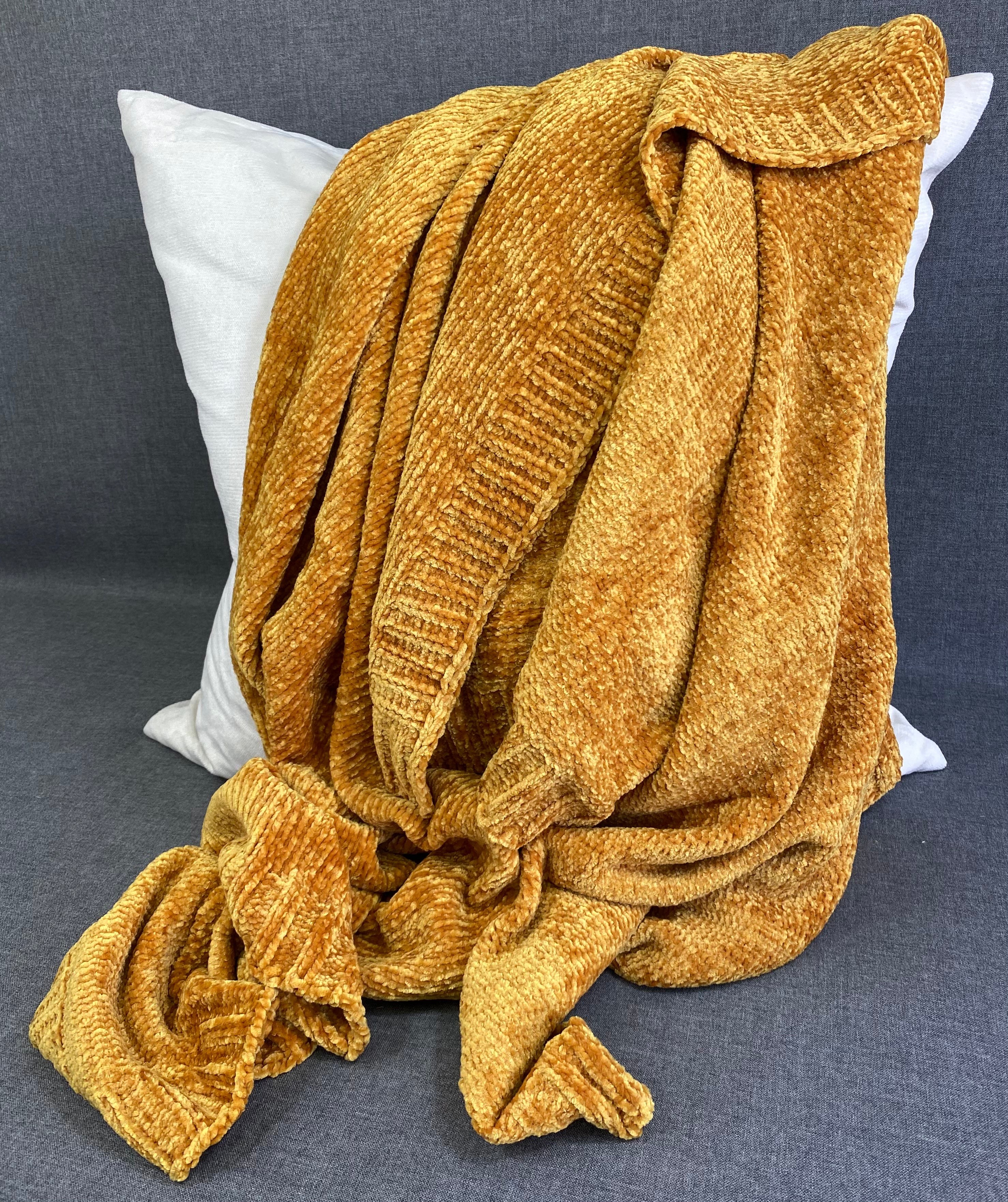 Knitted Chenille Throw - Mustard - Oblong 50"x 60"