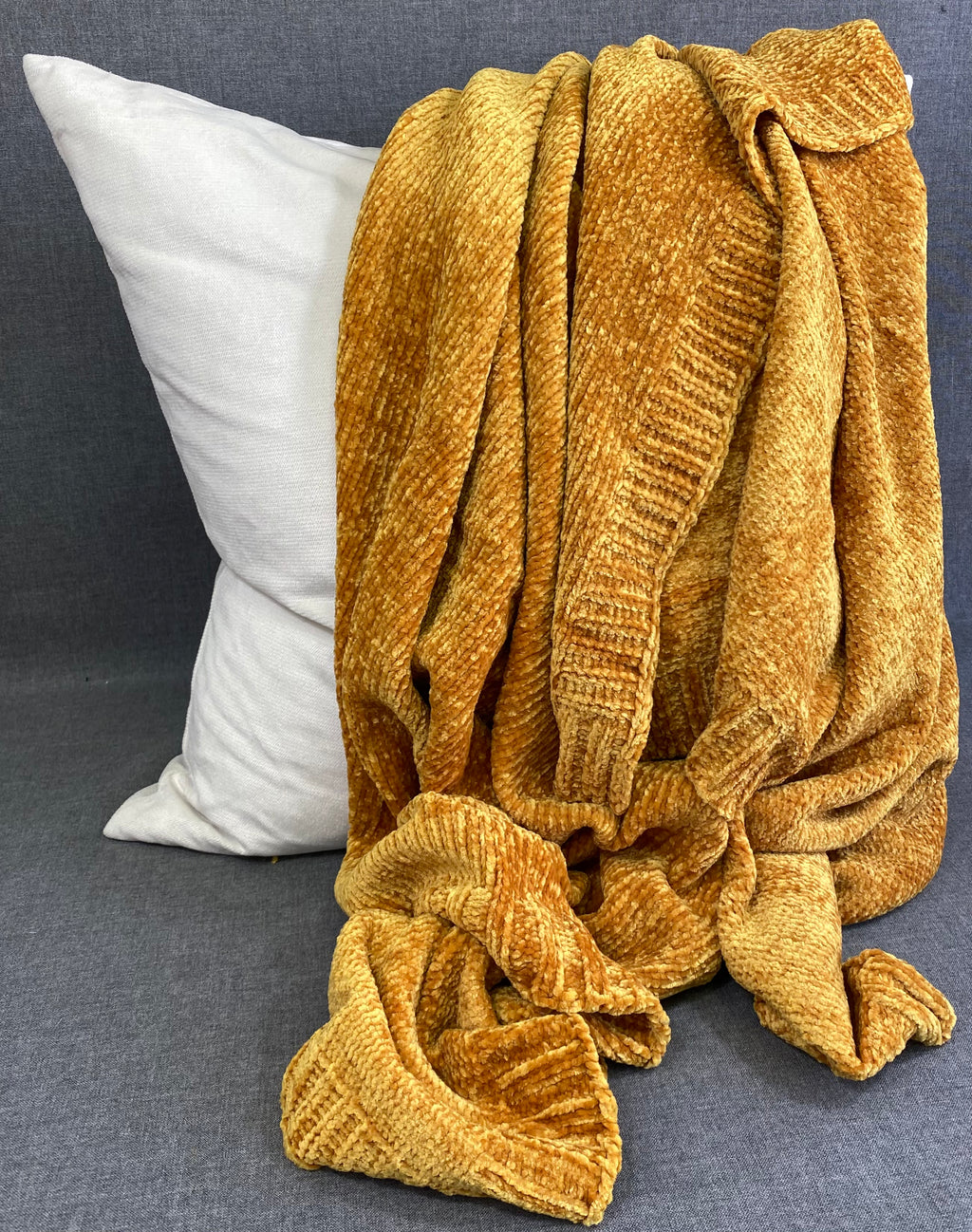 Knitted Chenille Throw - Mustard - Oblong 50"x 60"