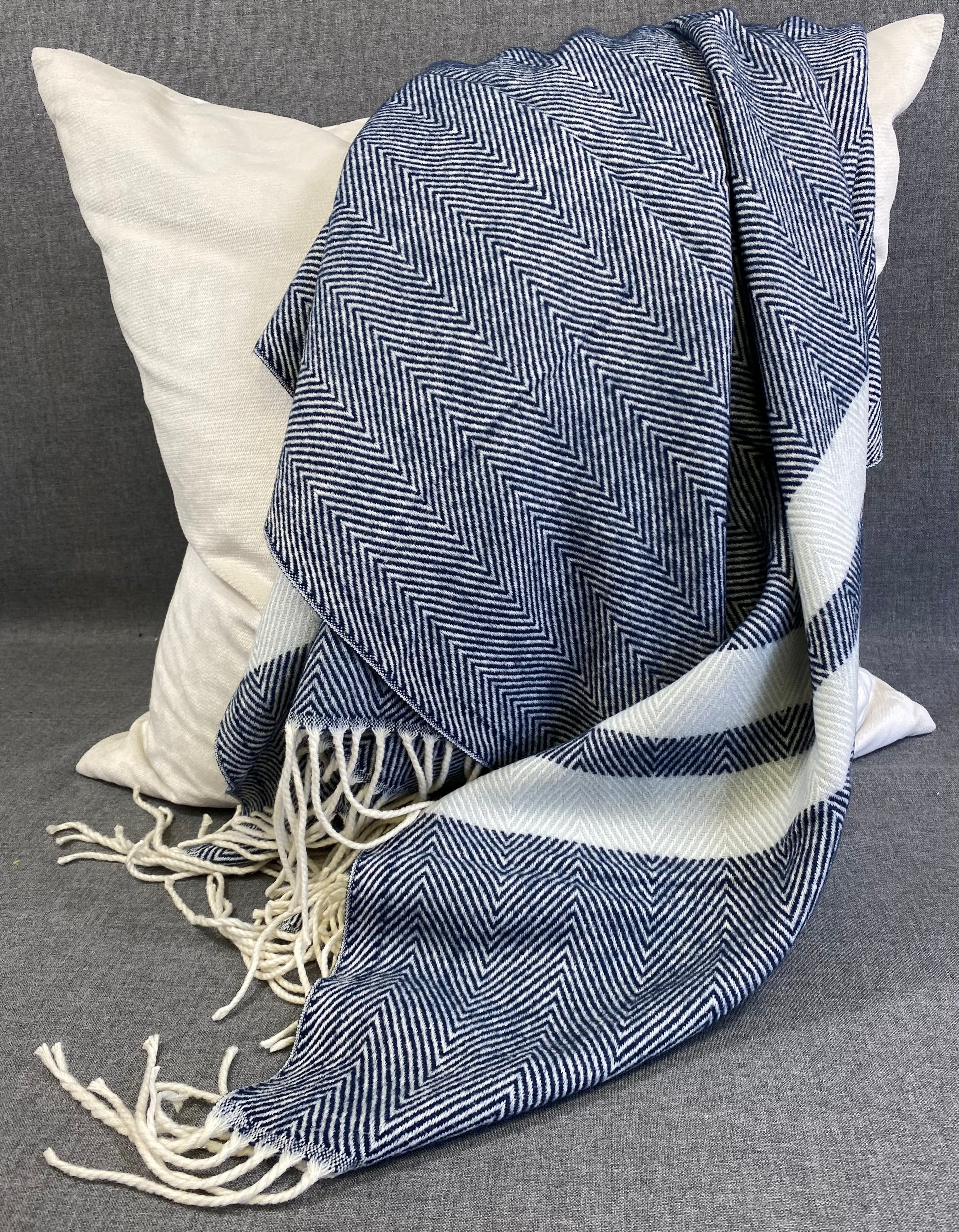 Striped Herringbone Throw -Navy Blue- 50"X60"