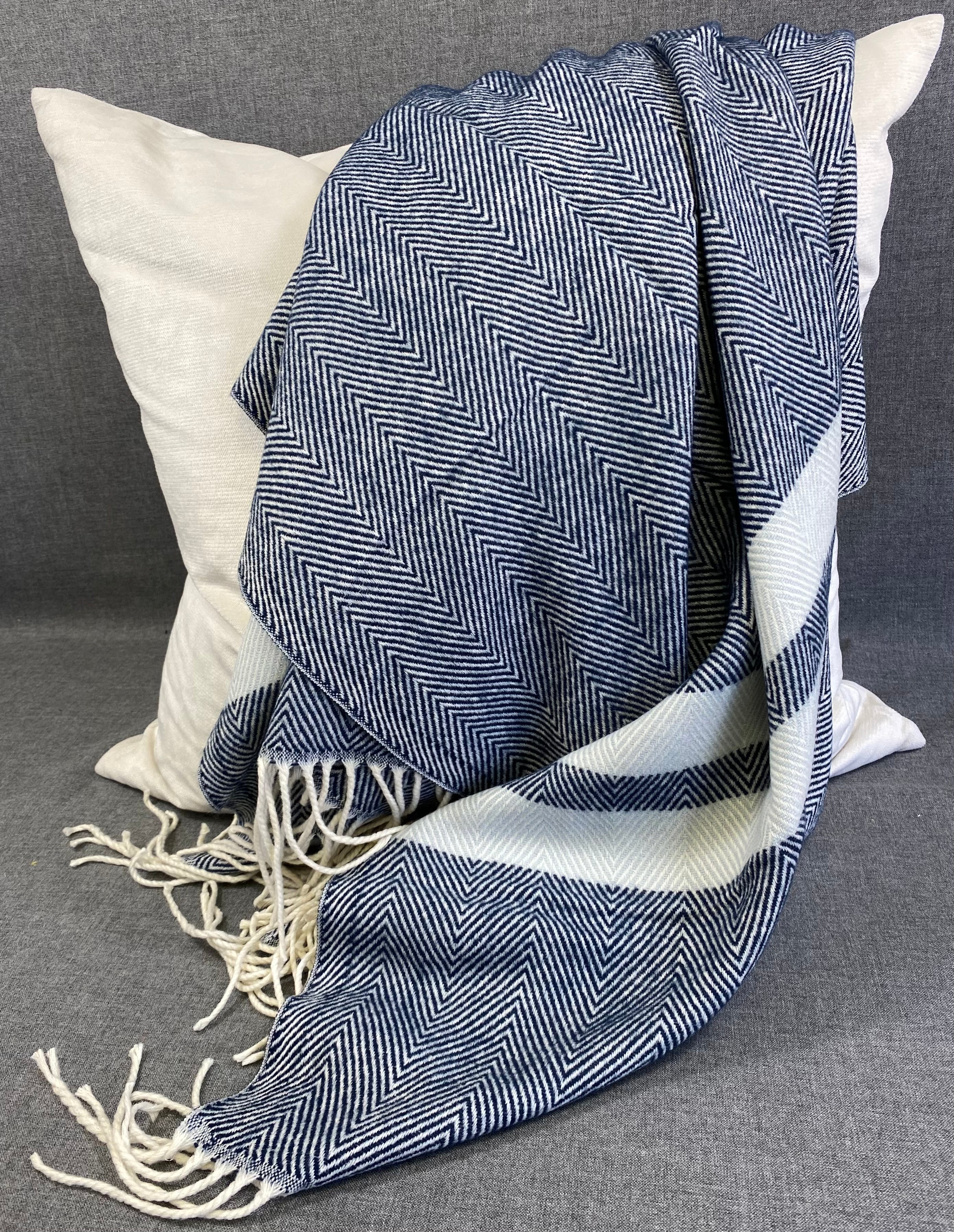Striped Herringbone Throw -Navy Blue- 50"X60"