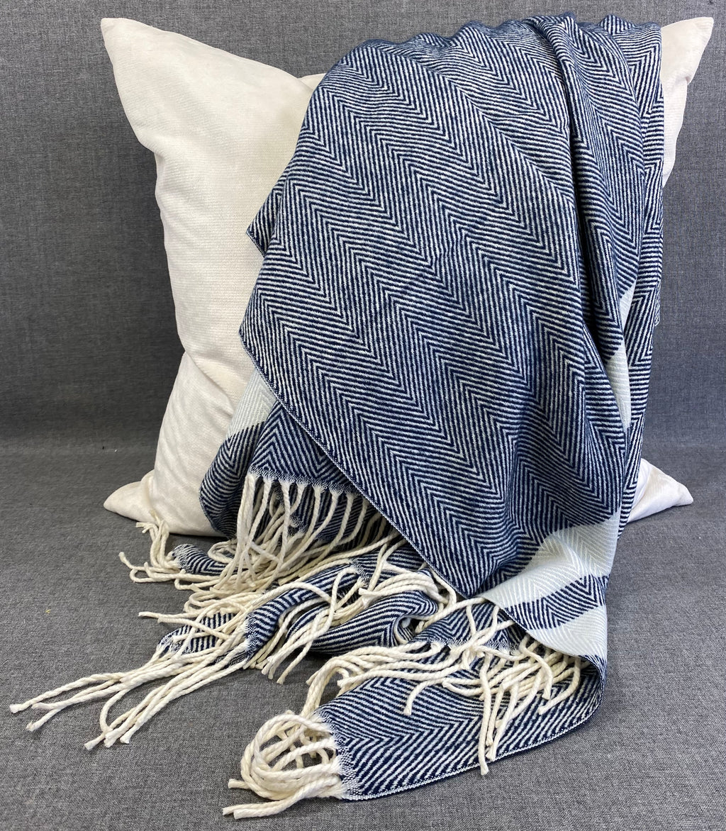 Striped Herringbone Throw -Navy Blue- 50"X60"