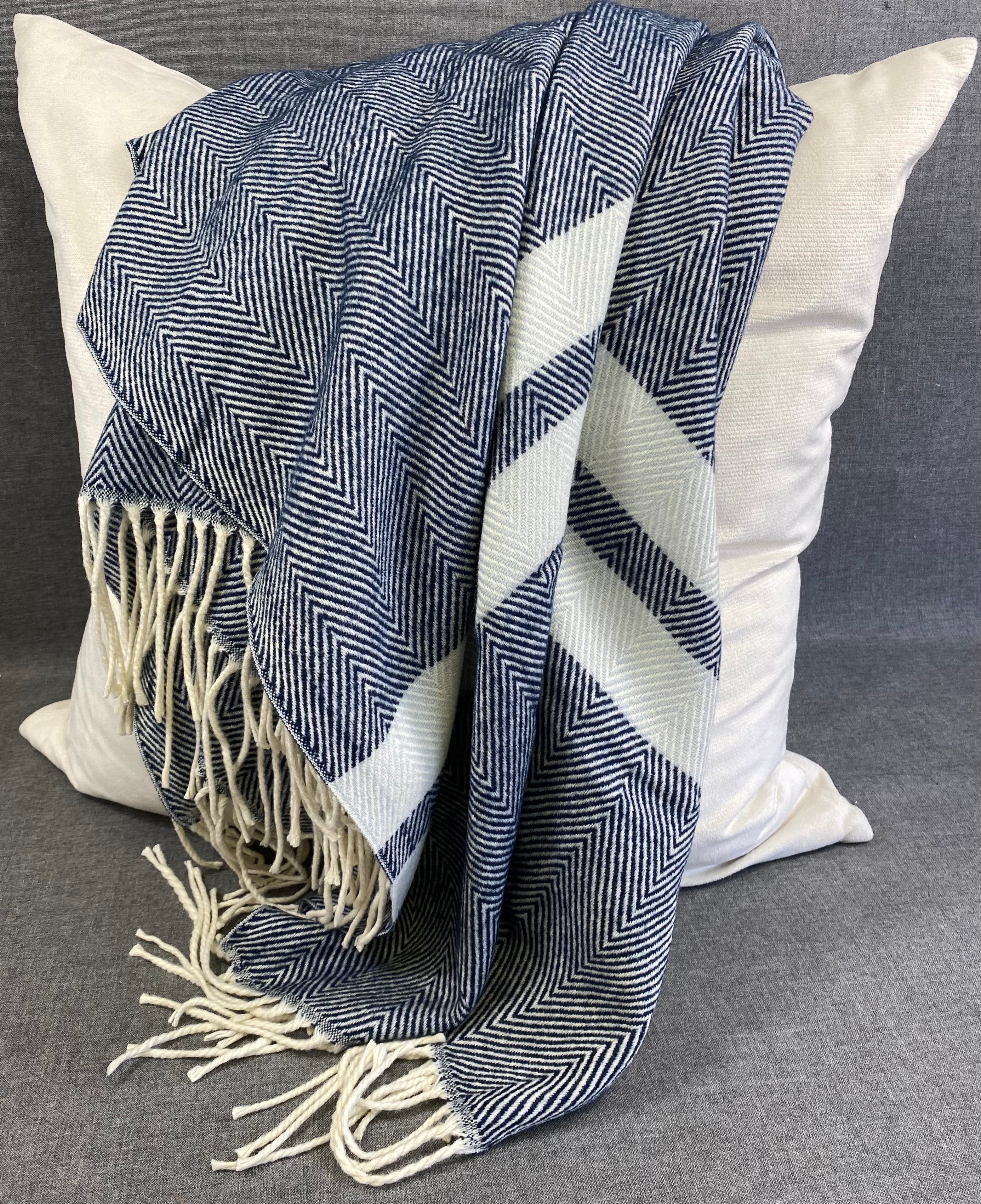 Striped Herringbone Throw -Navy Blue- 50"X60"